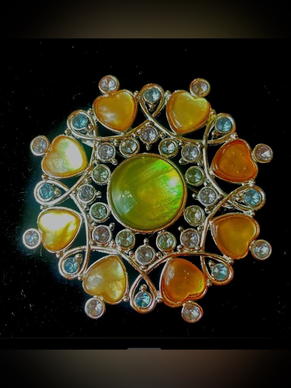 Silver-Tone Heart Cluster Brooch with Green Abalone Center and Yellow Accents